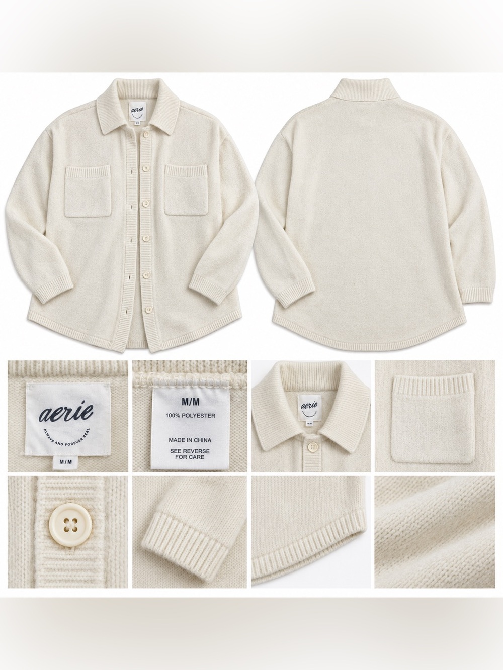 Aerie Cream Cozy Knit Shirt Jacket Button Front Women’s M